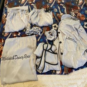 Shein M gray silk Pj set: pant,short,button up,tank, scrunchies,bag,& leg tie